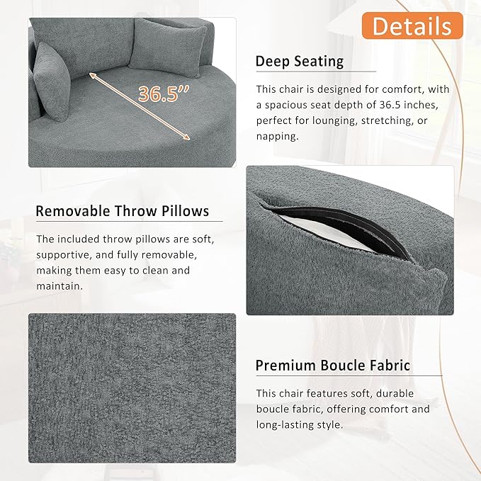 360° Swivel Barrel Chair with 3 Removable Cushions Accent Round Sofa Chair for Living Room Bedroom Office Hotel Grey