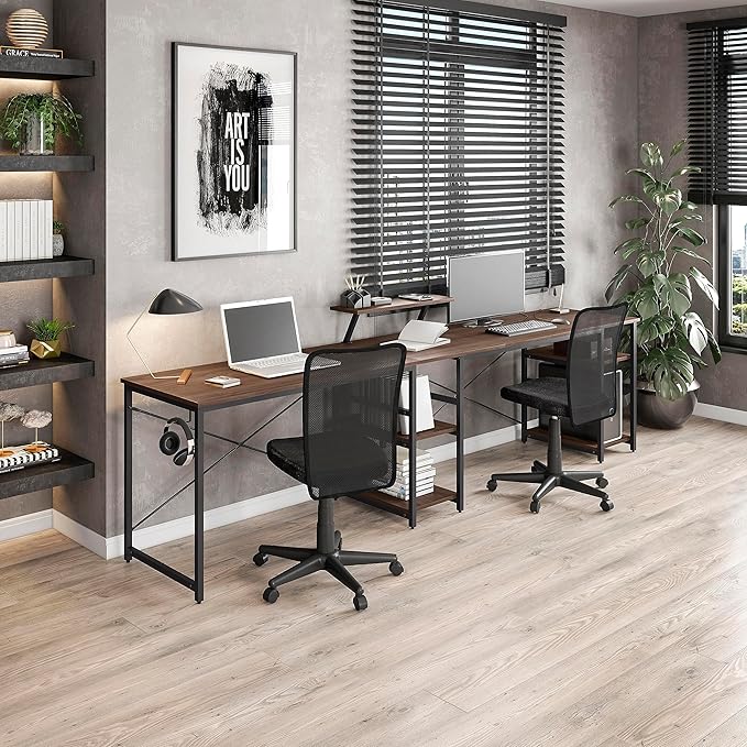 Techni Mobili Office Desk - Reversible L Shaped Desk with Storage Shelves Monitor Stand &amp Accessory Holder - Ergonomic &amp Industrial Workstation Corner Table with Durable Steel Frame Walnut