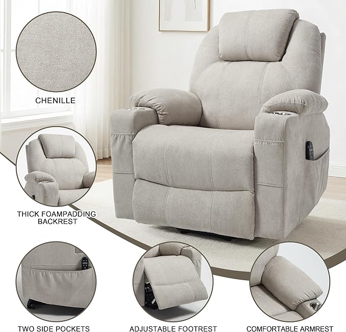 Power Lift Chair with Massage &amp Heat Electric Recliner Chairs for Adults Remote Control Sofa for Living Room Standing Assistance USB Ports Stainless Steel Cup Holders (Chenille Beige)