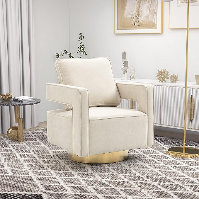 Betoko Swivel Accent Barrel ChairModern Open Back Armchair with Gold Metal BaseChenille Upholstered Club Chair with Pillow for Living Room (Beige)