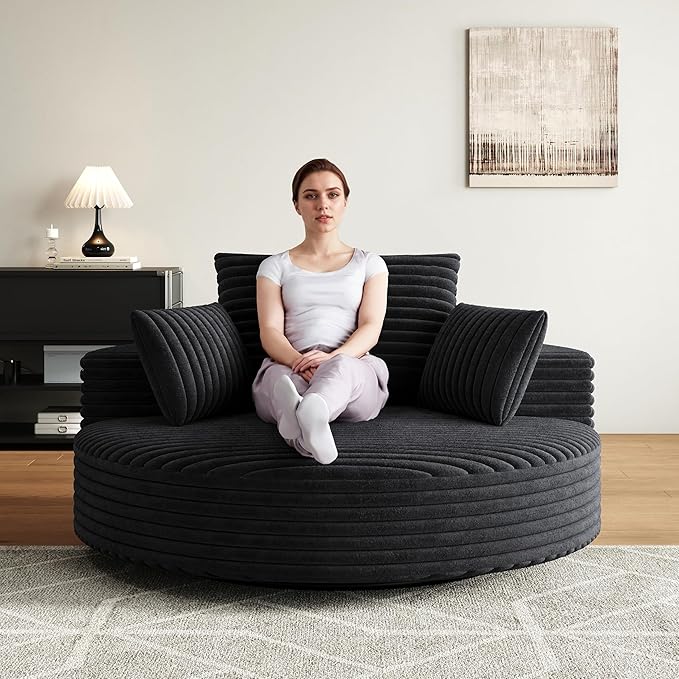 TTK 55” Oversized Corduroy Swivel Chair Fluffy 360° Rotating Sleeper Armchair with Pillows &amp Headrest Full Foam Barrel Chair for Living Room Bedroom Reading Nook Lounge or ApartmentBlack