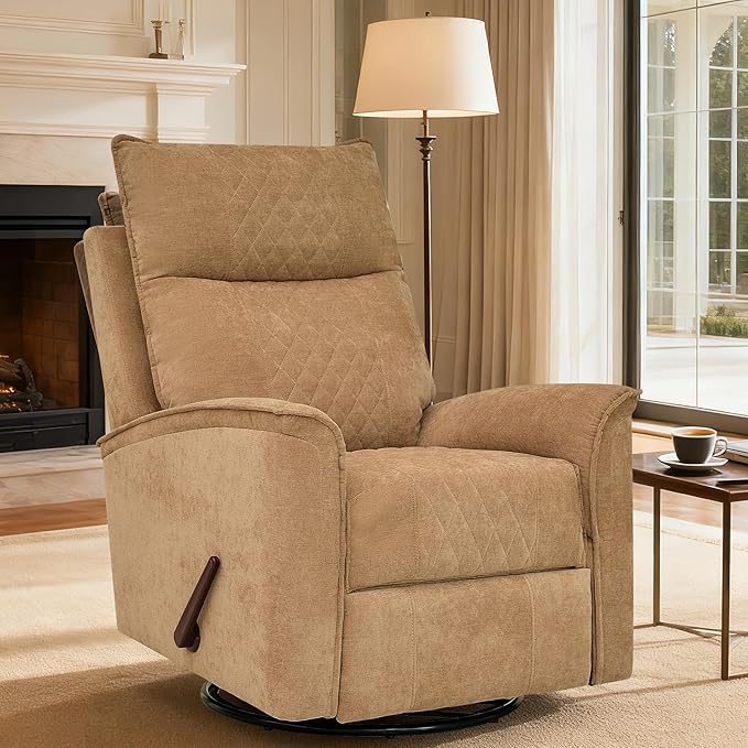 Swivel Rocker Recliner Chair for Adults Rocking Chair Small Swivel Recliner for Small Spaces Living Room Bedroom RV(Khaki)