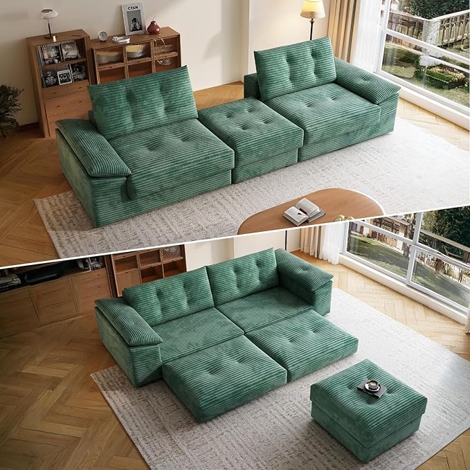 109.5 Loveseat Sofa with Ottoman Corduroy L Shape 3 Seater Couch Modular Sectional Couch for Living Room Small Spaces Apartment No Assembly Required Green