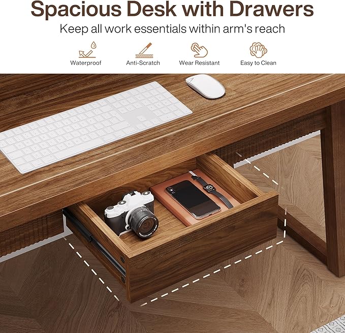 Tribesigns Home Office Executive Desk: 55 Inches Wooden Computer Desk with Drawer Mid-Century Modern Study Writing Table Rustic PC Laptop Desk Workstation Furniture Walnut Brown