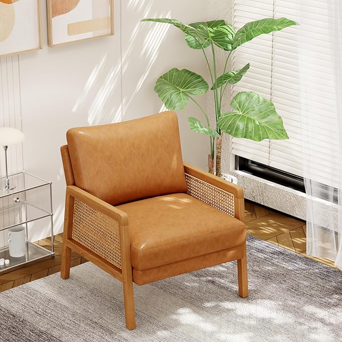 WENTMENT Faux Leather Accent Chair Armchair with Natural Rattan Armrest and Removable Backrest Upholstered Living Room Chair Comfy Single Sofa Chair for Reception Room/Hosting Room/Bedroom(Brown)