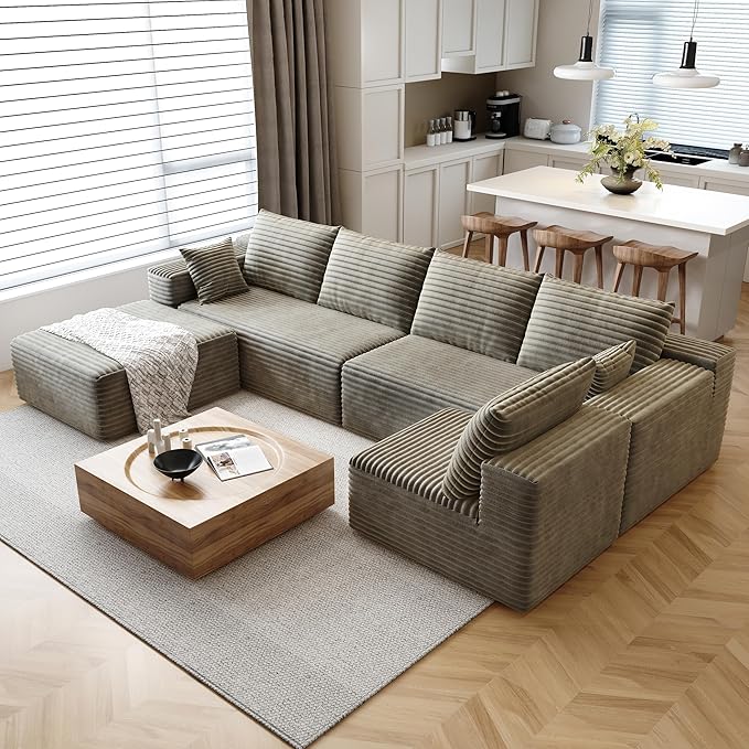 139.4 U Shaped Cloud Sectional Sofa for Living Room Plush Corduroy Cover Fluffy Memory Foam Cushions No Assembly Required Modular Chaise Lounge Oversized Comfortable Couches Set Camel