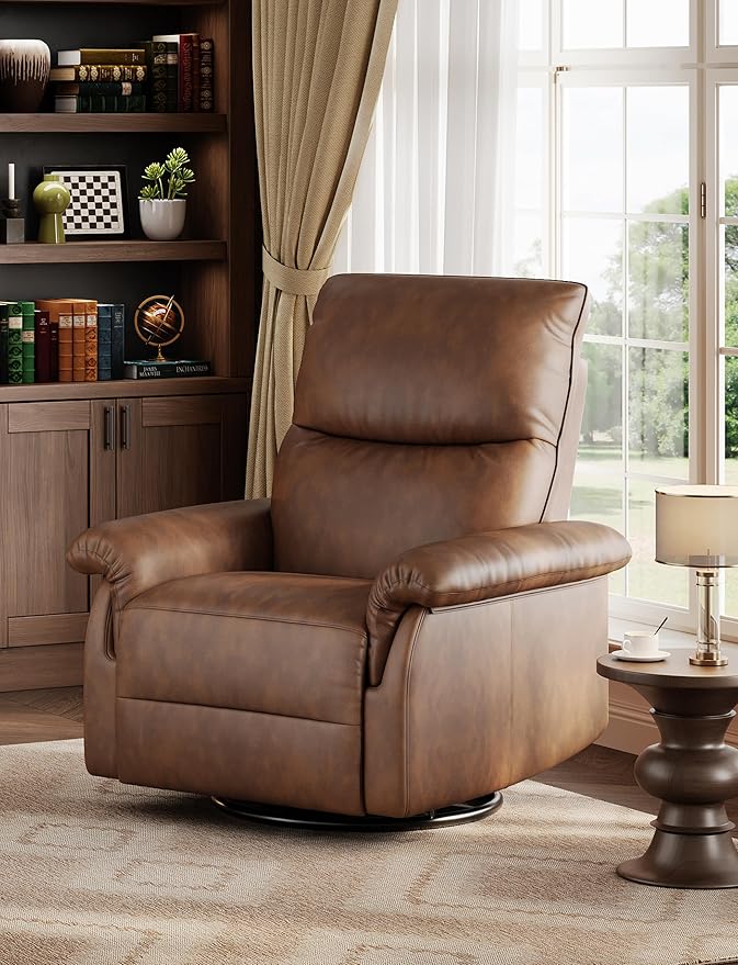 Manual Recliner Chair for Adults PU Leather Swivel Rocker Recliner with Padded Armrests Modern Upholstered Reclining Chair for Living Room or Nursery Orange