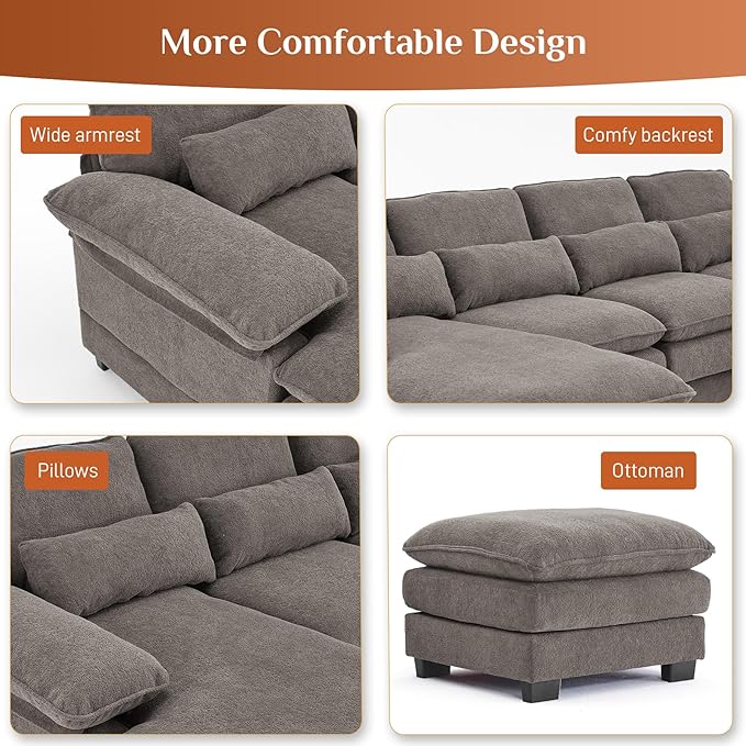 OUYESSIR 113 U Shape Sectional Cloud Couch with OttomanFluffy Sectional Couches for Living Room4 Seater Modular Sectionals SofaComfy Cloud Sofas &amp Couches with 4 PillowsGrey