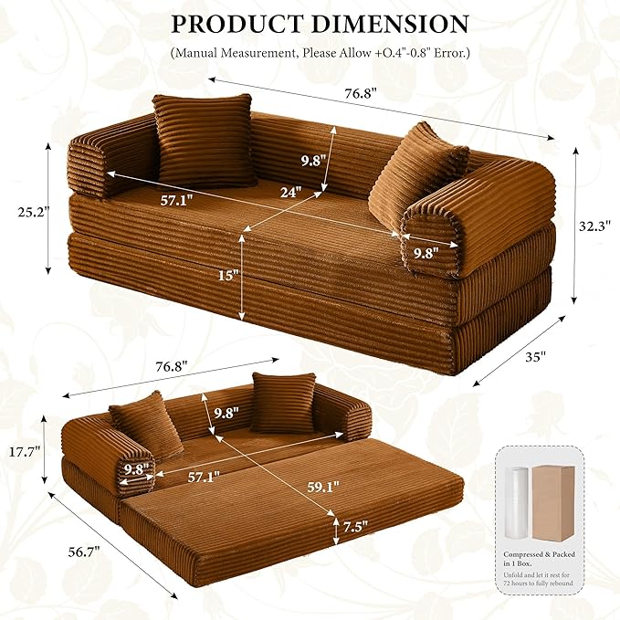 Boneless Couch Versatile Couches for Living Room No-Install Sofa Bed Corduroy Futon Soft Cloud Couch with Pillows for Bedroom Game Movie (Orange)
