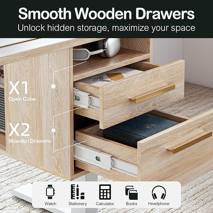 Standing Desk with 4 Drawers 47.2 x 23.6 Inch Whole Piece Height Adjustable Electric Sit Stand Desk Computer Home Office Workstation with Open Storage Shelf Light Walnut