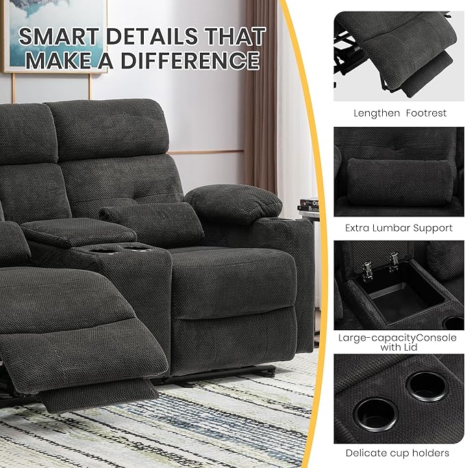 68 Power Reclining Loveseat with Heat &amp Massage Wall Hugger Double Reclining Sofa with Console Cup Holders &amp Storage Power Recliner Couch for Camper Trailer RV Home Theater Living Room