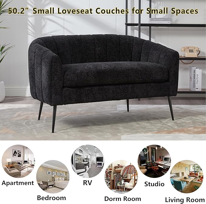 50.2 Small Sofa Couch for Small SpacesModern Chenille Loveseat CouchesOval 2 Seater Sofas with Metal Wood Legs for ApartmentDormStudioBedroomRV. (Black with Metal Legs 50.2)