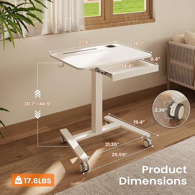 Monomi Mobile Standing Desk with Drawer 28 Rolling Desk with Cup Holder and Hooks Portable Laptop Cart on Wheels Height Adjustable Workstation with Storage for Home Office White Furniture