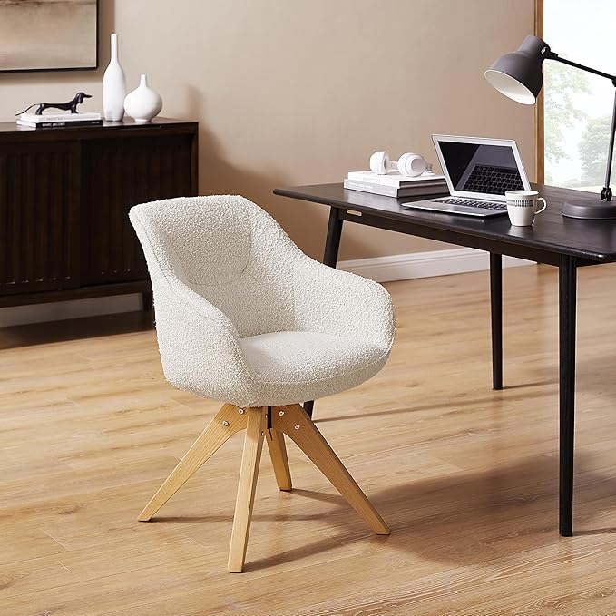 Art Leon Dining Chair - Mid Century Modern Boucle Fabric Swivel Dining Room Chair with Natural Oak Wood Legs Leisure Side Chair with Arms for Living Room White
