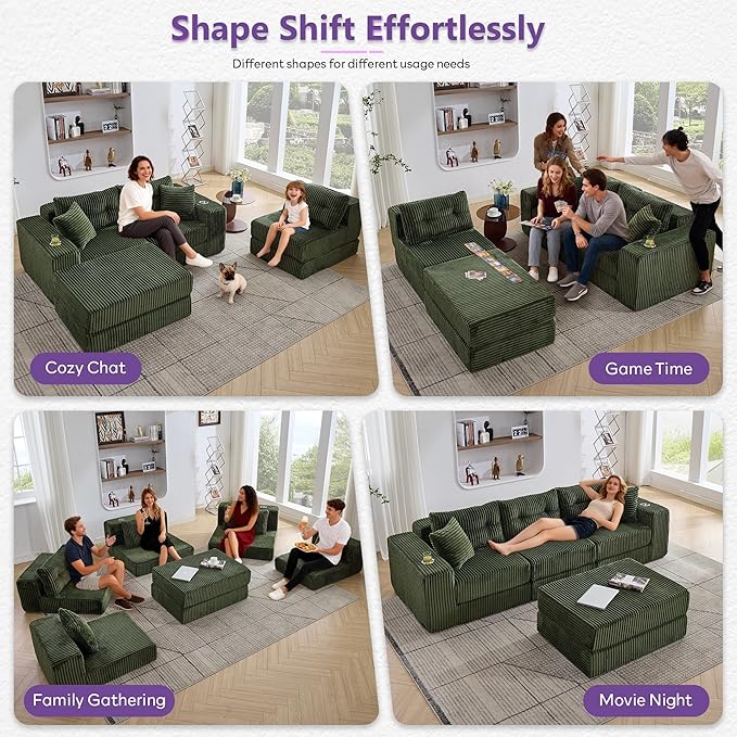 TYBOATLE Modular Sectional Sofa Couch Corduroy Cloud Boneless Foam Couch with Deep Seats &amp Cup Holder Modern Comfy Sleeper Sofa with L-Shape Chaise No Assembly (Forest Green)