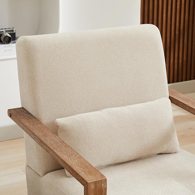 30.3 W Swivel Accent Chair with Solid Wood Armrests Modern Upholstered Armchair with Rubberwood Base 360 Degree Comfy Lounge Reading Chair for Living Room Bedroom or Office (Beige)