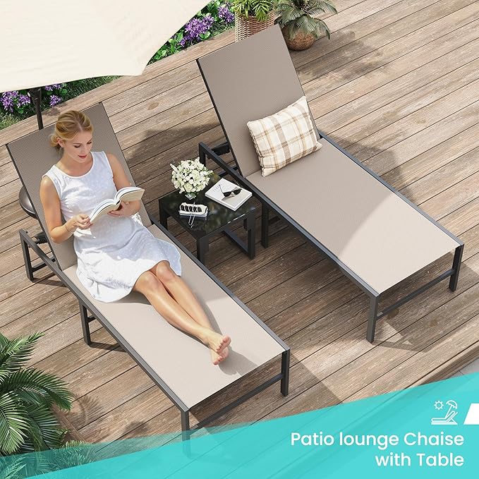 Amopatio Outdoor Patio Lounge Chair Adjustable Heavy-Duty Chaise Lounge for Poolside Weather Resistant Pool Lounge Furniture Set with Table for Backyard Beach 400 LBS Capacity(Khaki)