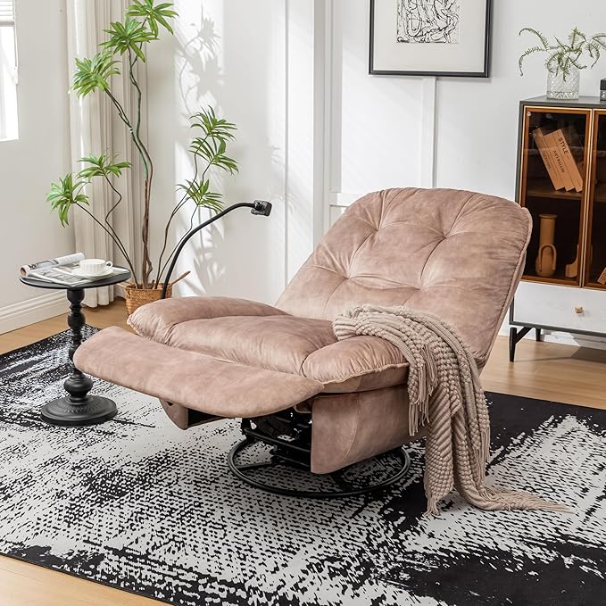 JOSHEN 41 Modern Velvet Reclining Lazy ChairLarge Reading ChairSwivel Gliding Rocking Chair with Mobile Phone Holder for Living RoomBedroomLight Brown