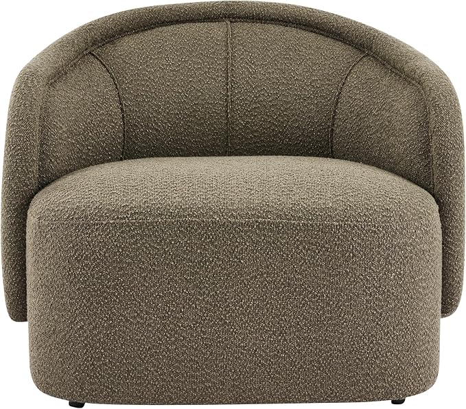 Scott Living Amanda Carly Low Profile Accent Chair Round Backrest Side Chair Living Room Armchair with Boucle Fabric Cushion Comfy Reading Chair for Bedroom Wooden Single Lounge Sofa Dark Green