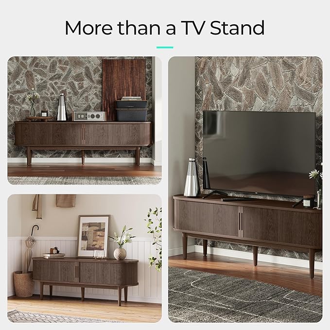 LINSY HOME 58 Fluted TV Stand for TVs up to 65 Inch Mid Century Modern Entertainment Center with Storage Cabinet and Sliding Doors Farmhouse Wood Media TV Console for Living Room Bedroom Walnut