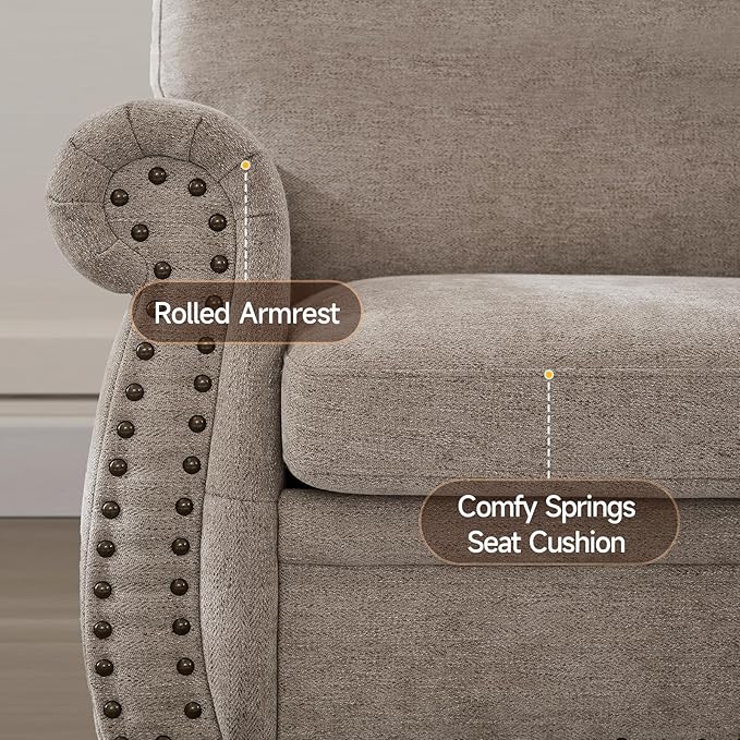 ONBRILL Nailhead Sofa 66 Inch Small Couch with Rolled Arms Chenille Fabric Loveseat w/Springs Seat Cushion Vintage Curved Back Turned Wood Legs Comfy Couch for Living Room Farmhouse Beige