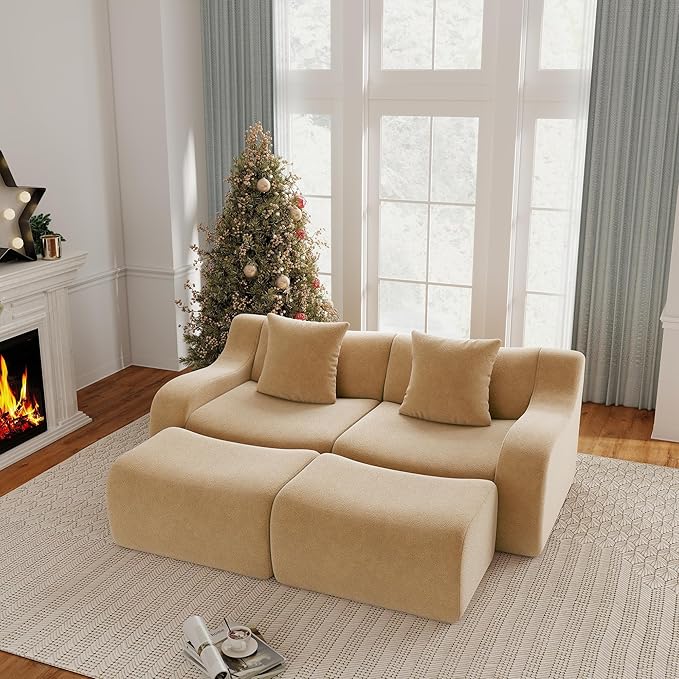 82.7 Inches Sectional Boneless Cloud Couch Super Soft Comfortable Curved Armrest Deep Seat Sofa with Pillow and Ottoman Sectional Small Couches for Small Spaces No Assembly Required