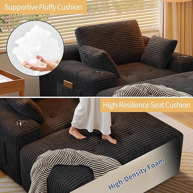 MoonSpeak 67 Boneless Reading Chair with Lounges Chaise Indoor Corduroy Cloud Couch with 1 Ottoman Upholstered Sleeper Sofa Bed with Wide Armrest and 3 Pillows for Living RoomReading Room(Black)