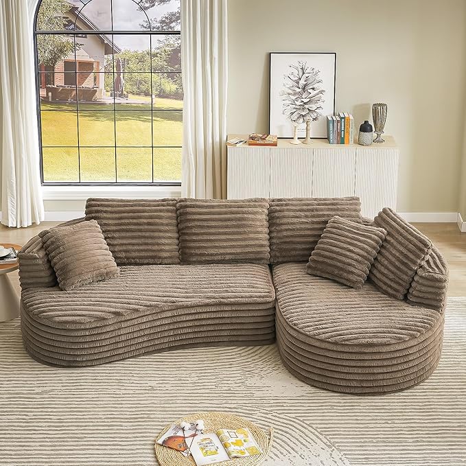 120'' Boneless Modular Sectional Curved Sofa Upholstered Cloud L Shaped Couch with Chaise Oversized Home Sofa Living Room Corduroy Couch No Assembly Required (Dark Brown Right Facing Chaise)