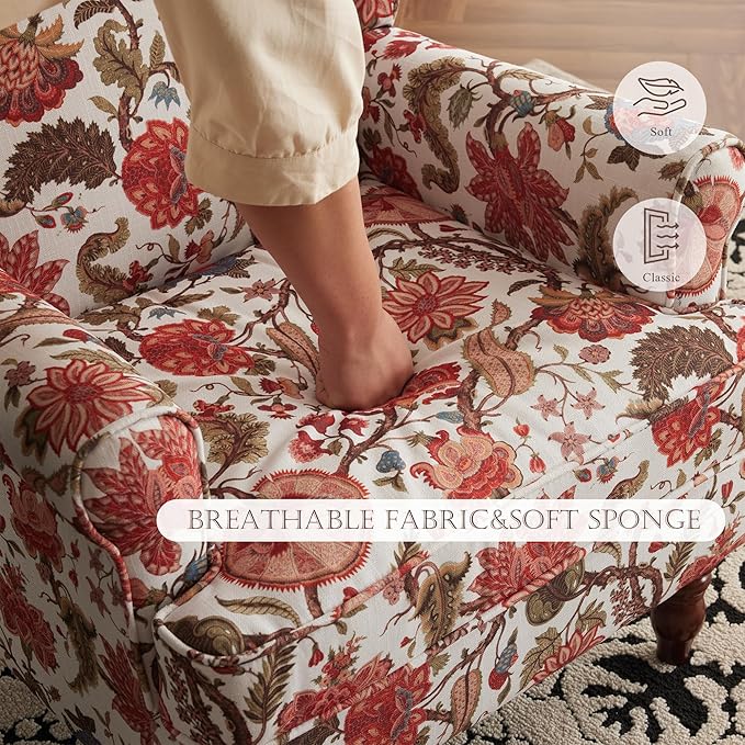 MELLCOM Floral Accent Chair High Back Upholstered Armchair with Solid Legs Leisure Single Sofa Chair for Living Room Bedroom Home Office Red Floral