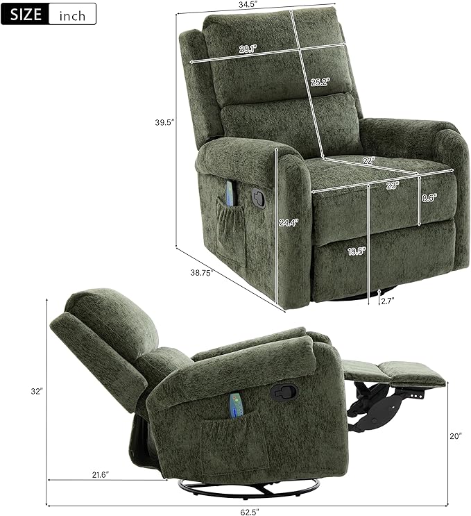 Christopher Knight Home Harper Massage Recliner Chair with 8 Modes Chenille Upholstered Recliner Sofa Swivel Massage Chair with a Side Storage Pocket for Living Room/Bedroom Head Support Green