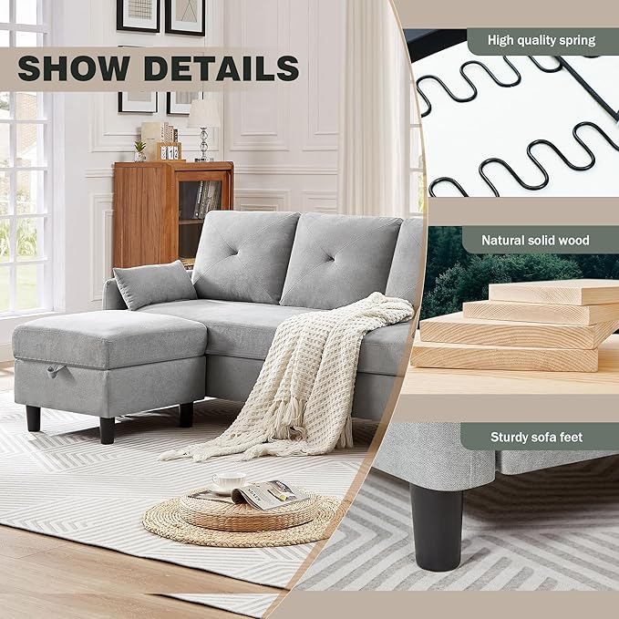 Convertible Sectional Sofa Modern Linen Fabric Sofa Couch with Reversible Chaise 3 Seat L-Shaped Couches for Living RoomOffice Small Apartment Light Grey