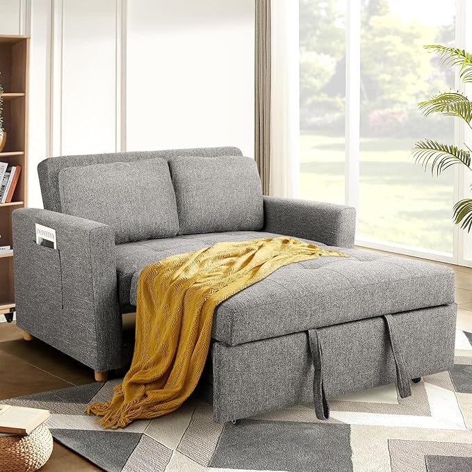 SEJOV Sleeper Sofa Pull Out Loveseat Sleeper with Adjustable Backrest 2-Seater Linen Fabric Couches for Small Spaces Futon Couch for Living Room Bedroom Apartment Rv Drak Grey