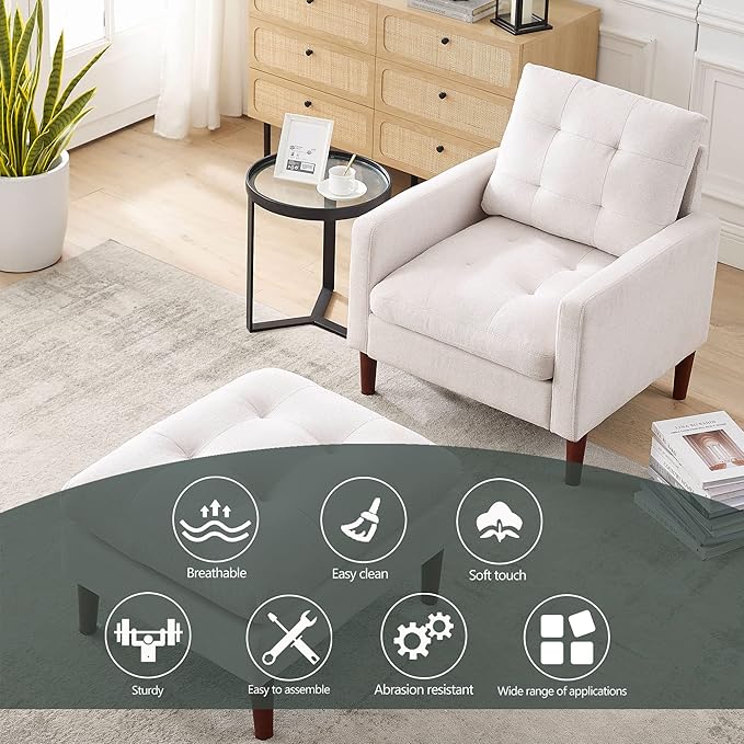 Modern Fabric Single Sofa Chair Living Room Chair Comfortable Armchair with Solid Wood Legs Tufted Chair for Reading or Lounging
