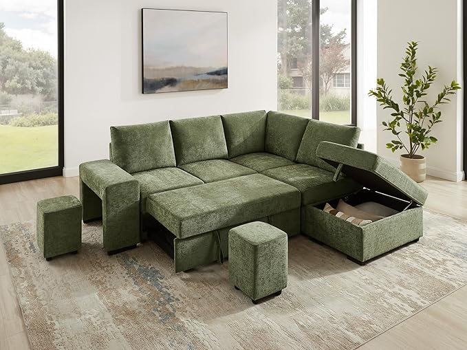 VANOMi 94 Sectional Sleeper Sofa with Pull Out Couch Comfy 6 Seater L Shaped Modular Sofa with Storage Ottoman Modern Convertible Chenille Cloud Couches for Living Room Apartment Olive