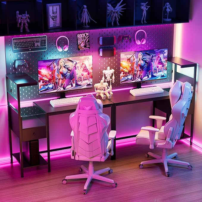 Computer Desk with Power Outlet &amp Storage Shelves Study Writing Table with USB Ports Charging Station PC Desk Workstation for Home Office Black