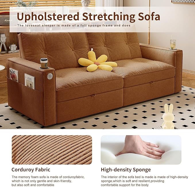 73 Queen Size Sofa Bed Loveseat Sleeper Sofa with Pull Out Bed Pockets and USB Modern 2 Seater Convertible Small Couch for Living Room Bedroom Apartment (Orange Corduroy)