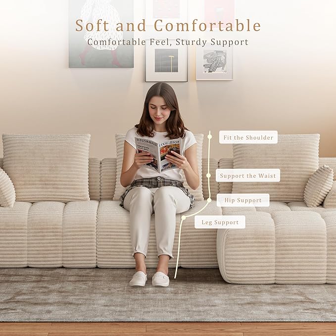 Chogori Corduroy Modular Sectional Sofa 118 Inch Boneless Cloud Couch with High Density Memory Foam Tufted L-Shaped Sofa for Living RoomNo Assembly (Beige)