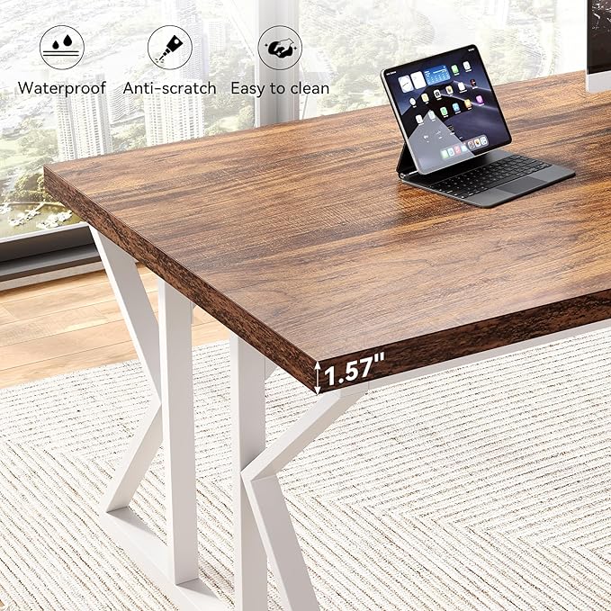 LITTLE TREE 78.7 Inch Large Executive Desk Modern Computer Office Desk Wooden Writing Desk Study Table for Home Office Rustic Brown-White