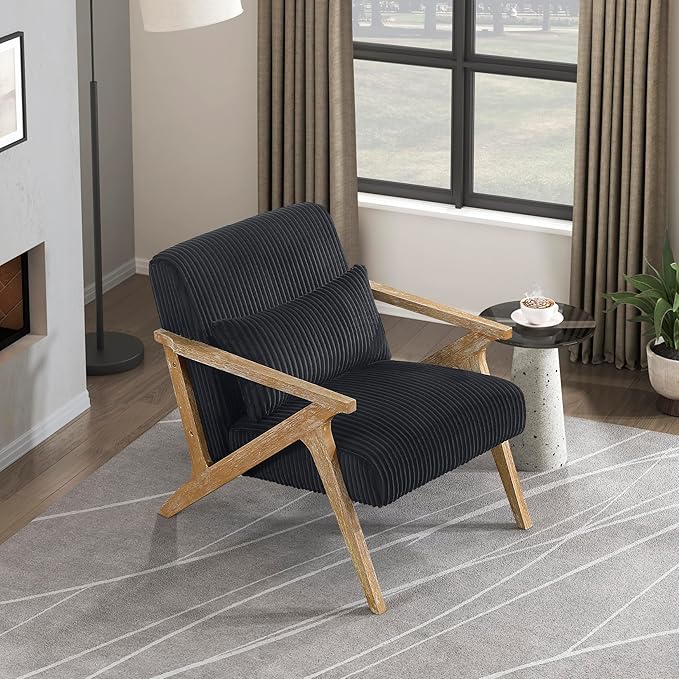 Lexicon Mid Century Modern Accent-Chair with Lumbar Pillow Brown Solid Wood Frame Comfy Corduroy Upholstered Lounge Arm Chair for Living Room/Bedroom/Office/Reading Nook Assembly Required Black