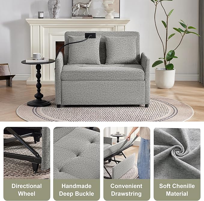 Sleeper Loveseat with USB and Type-C Ports 3 in 1 Convertible Sofa Bed with Phone Holder Pull Out Sofa Bed Loveseat Sleeper Sofa for Living Room Adjustable Backrest Side Pockets Light Grey