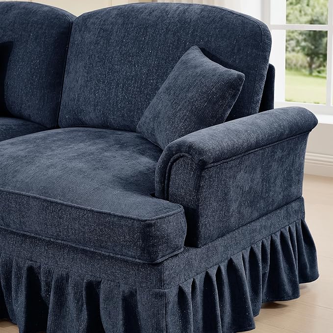 107'' Elegant Chenille Mid Century 3 Seater Sofa Comfy Oversized Sectional Cloud Couch with Flared Arms and Removable Ruffles Pleats Skirts for Living Room