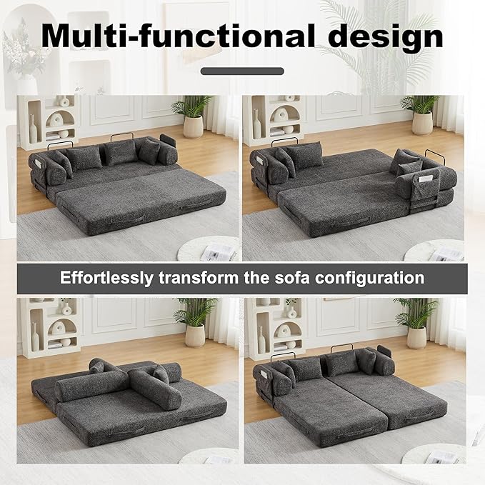 78.7 Chenille 4-in-1 Folding Convertible Sofa Bed Boneless Couches with 4 Pillows &amp Convenient Side Pockets Comfy Foldable Compressed Sofa in Box Floor Sofa Lounge Couch for Living Room(Gray)