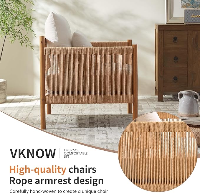 VKNOW Braid Armchair Boho Accent Chair Set of 2 with Solid Wooden Backrest and Armrest Rattan Chair with Waist Pillow for BedroomLiving RoomReading Room White