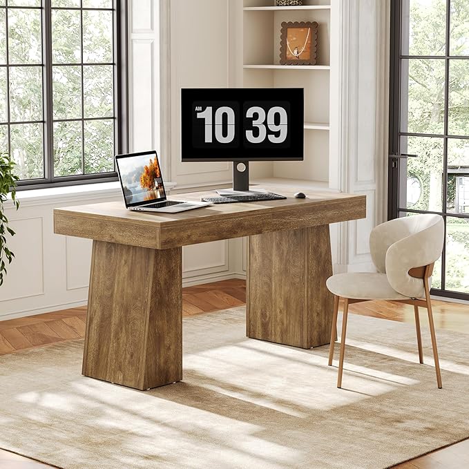 1Easylife 55 Inches Long Computer Desk Large Wooden Home Office Desk with Heavy Duty Pedestal Modern Simple Style Study Writing Table Oak