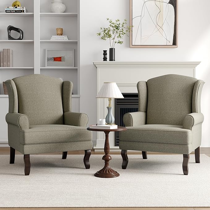 High Back Accent Chairs Set of 2 Comfy Upholstered Fabric Armchair for Living Room Mid Century Modern Club Accent Chair with Solid Wood Legs Single Sofa Reading Chair for Bedroom Light Camel