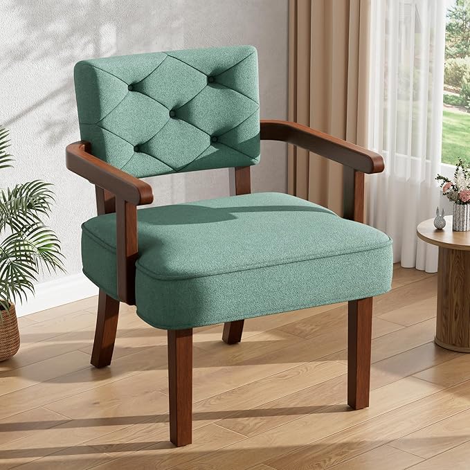 Versatile Accent Chair Small Side Arm ChairMid Century Oversize ArmchairUpholstered Wooden Accent ChairsTufted BackArmrestCushion for OfficeWaiting/Reading/Living Room Green