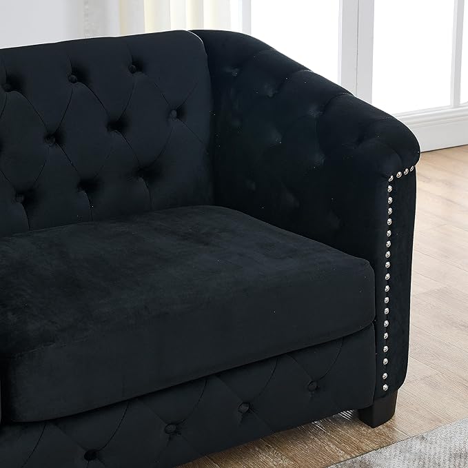 KEIKI 59 Chesterfield Sofa 2 Seater Retro Velvet Couch with Nailhead Arms Tufted Backrests 2 Cushions for Living Room Bedroom Office Apartment Black