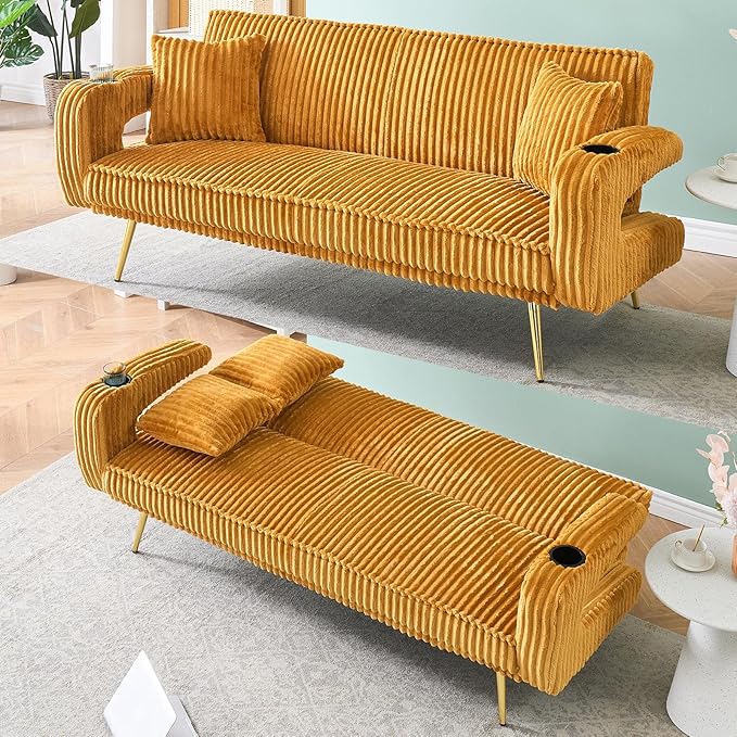 70 Beige Futon Couch Bed Sofa Comfortable Futon Loveseat with Cupholders &amp Arms Convertible Fouton Sofas with Adjustable Backrest &amp Pockets for Small Spaces Living Room Bedroom Dorm (Orange