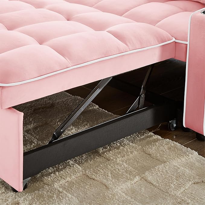 SLEERWAY 3-in-1 Convertible Futon Sofa Bed Chair Multi-Functional Sleeper Chair Bed with Pull Out Couch and Adjustable Backrest Modern Velvet Chaise Lounge Loveseat for Living Room Bedroom Pink