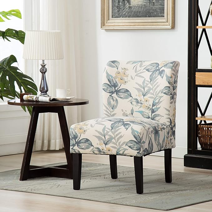 Knocbel Upholstered Accent Armless Chair Living Room Fabric Lounge Chair with Solid Wood Frame &amp Legs (Blue Leaves)